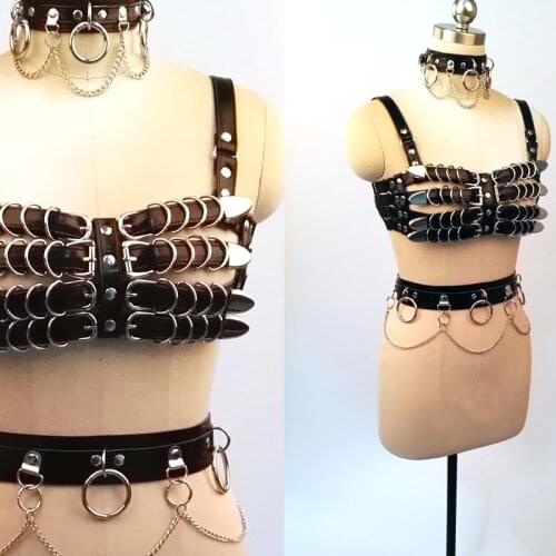 100% Handcrafted Choker Harness Caged TOP Bra Belt Body Chest PU Leather Waist Belt With Chains Link