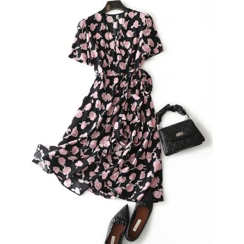 23 momme 100% silk dress women short sleeve summer fashion v neck france styles printed dress lotus leaf tea skirt