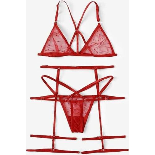 3PC Sexy Lace Bra Underwear Set Womens Underwear Transparent Mesh Bra Thong Garter Erotic Lingerie Set Lenceria Sensual Mujer