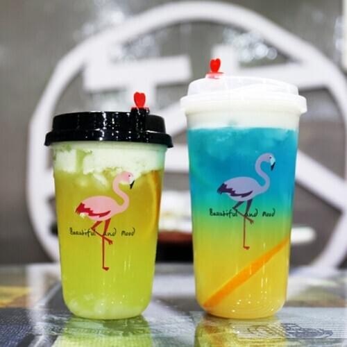 50pcs 90 caliber transparent cold drink plastic cup high quality party birthday favor flamingo pattern disposable milk tea cups