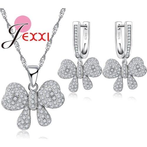 Shiny Butterfly White Crystal Sterling Silver Earrings Pendant Necklace Set Fashion Jewelry Sets For Wedding Engagement