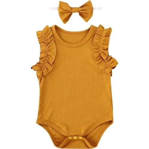 0-18M Toddler Baby Girl Bodysuit with Headband Summer Newborn Baby Clothes Solid Sleeveless O-Neck Ribbed Bodysuit 5Colors