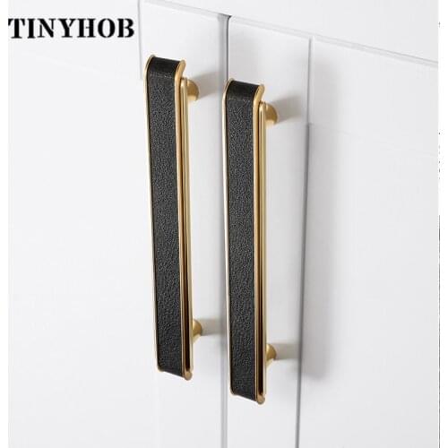 Zinc alloy + leather/Black Gold Door Handles Kitchen Cabinet Handles Solid Drawer Knobs Fashion Furniture Handle Hardware