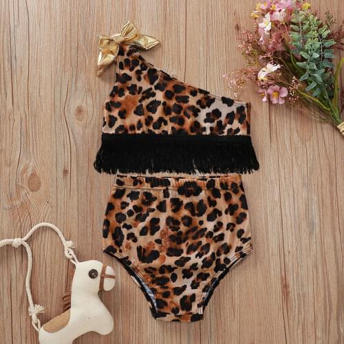 Girl Children Two Piece Split Swimsuit Cartoon Leopard Bowknot Tassel One-shoulder Tops and Elastic Triangle Shorts Bikinis Set