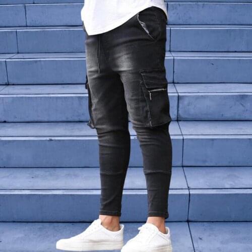 Mens Multi-pocket Skinny Jeans Blue pencil pocket trousers street Hip-Hop Slim pants Locomotive Clothing Basic Men