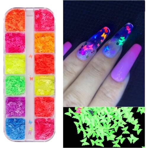 Fluorescence Nail Art Decorations Butterfly Stars Shapes Laser Nail Stickers Flakes 3D Sequins Manicure Nail Noctilucent