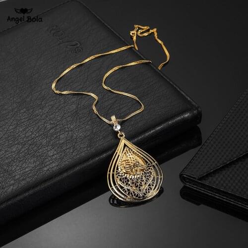 Classic Arabic Muslim Jewelry Wholesale Gold Color Crystal Hollow Heart Shape Allah Pendants Necklaces for Women Gifts No Faded
