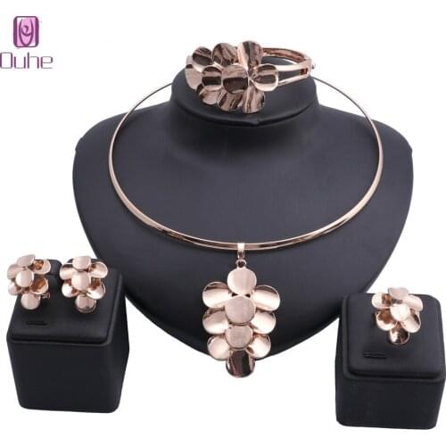 African Costume Jewelry Set Gold Color Women Wedding Bridal Accessories Necklace Bangle Earring Ring Jewelry Set