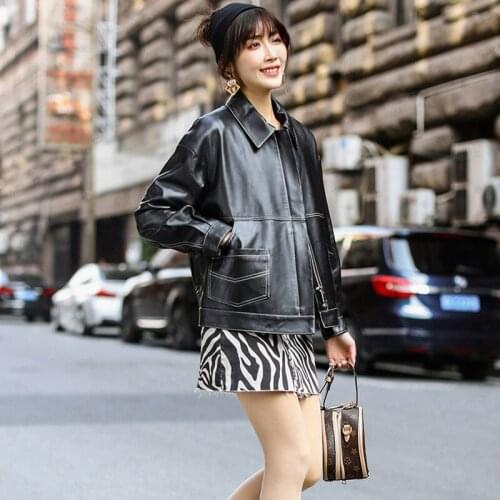 Genuine Womens Sheepskin Fashion Black Jackets Autumn Long Sleeve Zipper pocket Slim Short Leather Coats Ladies Coats