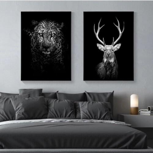 Wall Art Black and White Animal Posters and Prints Lion Leopard Deer Canvas Painting Wall Pictures for Living Room Home Decor