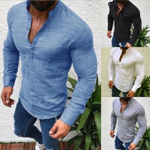 New Men Henley Shirt 2019 new Tee Tops Long Sleeve Stylish Slim Fit T-shirt Button placket Casual men Outwears Popular Design
