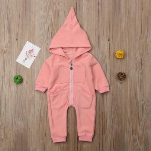 Autumn 0-24M Infant Baby Girls Long Sleeve Solid Print Hoodie Kids Boys Bodysuit Jumpsuits