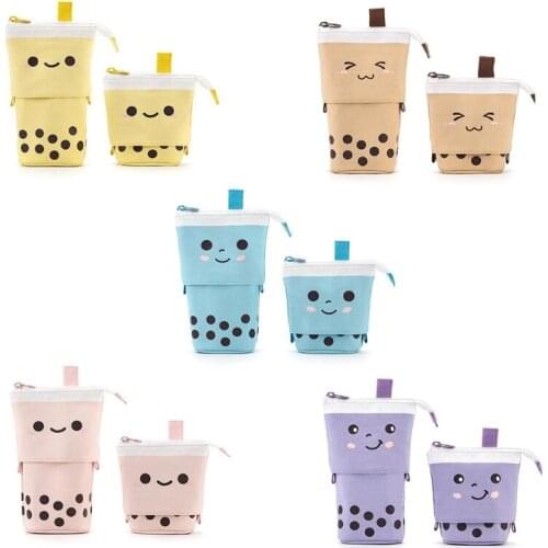 Premium Stretchable Pencil Bag Lovely Mlik Tea Outlook Desk Pen Holder Zipper Closure Stationery Bag for Students Women