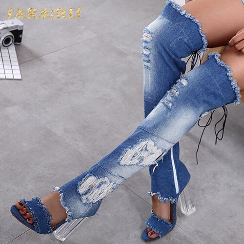 Sarairis 2020 New Design Denim Peep Toe Summer Boots Woman Shoes Square High Heel Over-the-Knee Boots Women Shoes Footwear