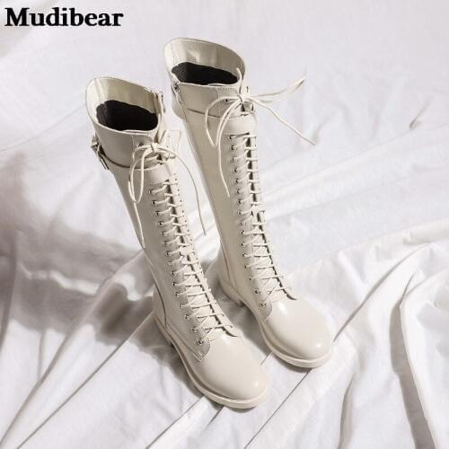 Mudibear Womens Winter Boots Knight Boots Lace-up Riding Shoes Side Zipper Knee Length High Female Warm 34-40 Footwears