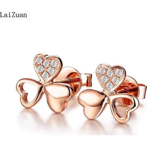 LaiZuan Delacate Clover Diamonds Wedding Anniversary Stud Earrings Solid 14K Rose Gold Romantic Trendy Elegant Jewelry Earrings
