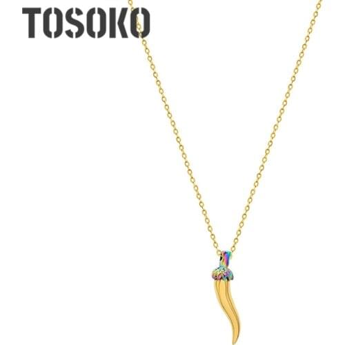 TOSOKO Stainless Steel Jewelry Colorful Pepper Cool Wolf Tooth Pendant Necklace Womens Fashion Clavicle Chain BSP926-7