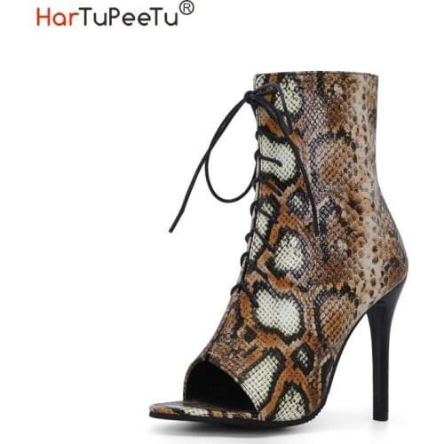 PU Leather Pumps Women Vintage Snakeskin Print Sandal Summer Autumn 2021 Cross Lace-Up Gladiator High Heels 10cm Peep Toe Shoes