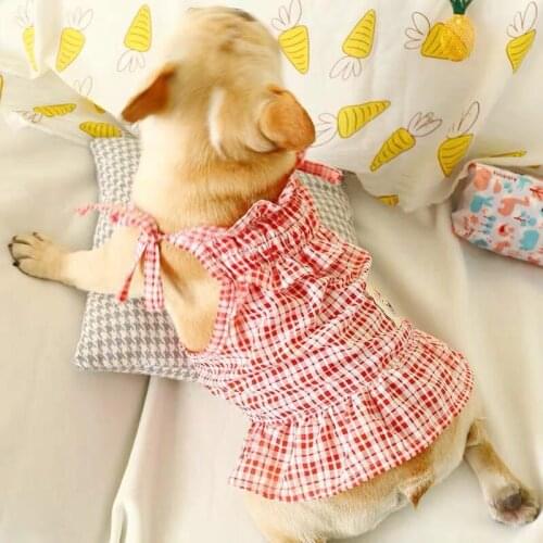 Red Plaid Small Dog Summer Dress Lovely Princess Party Braces Skirt Pet Clothing for French Bulldog Chihuahua New One-Piece