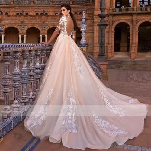 Vestidos De Novia 2020 Sexy Illusion Half Sleeve Backless Wedding Dress Vintage Lace Appliques Flowers A Line Wedding Gowns