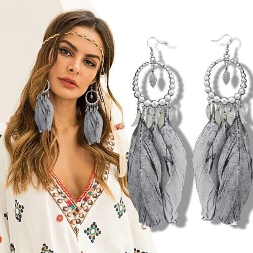 Vintage Indian Summer Large Dream Catcher Grey Feather Silver Plated Moon Hoop Dangle Coral Turkey Blue Stone