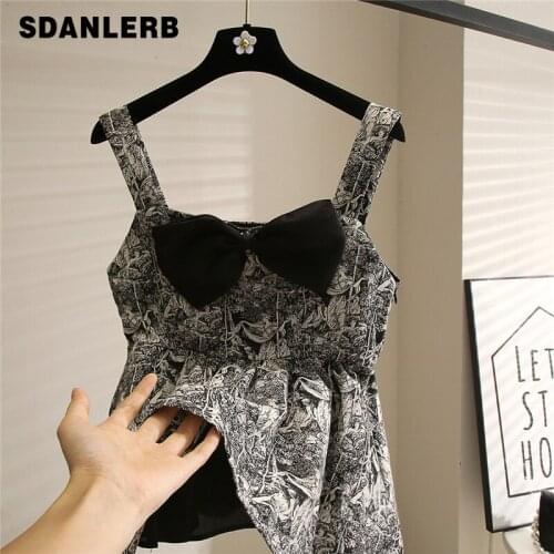 Jacquard Camisole Womens Outer Wear Vest 2021 Summer New Retro Oil Painting Printed Bow Short Female Tank Top Cropped Top