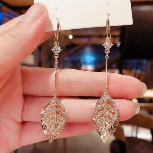 Womens Fashion Leaf Earrings Tassel Rhinestones Ear Hook Long Pendant Earrings for Women Girls Jewelry Accessories Gift