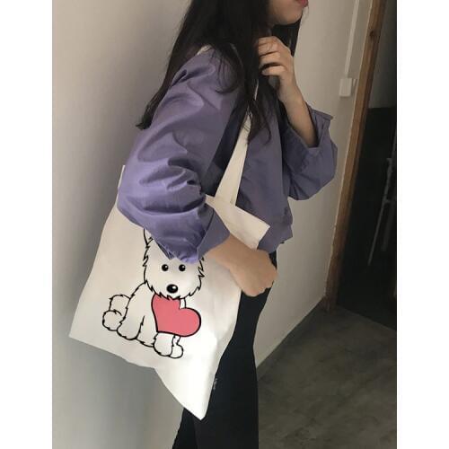 2019 Ladies Handbags Cloth Canvas Tote Bag Cute Dog Printed Shopping Travel Women Eco Reusable Shoulder Shopper Bags