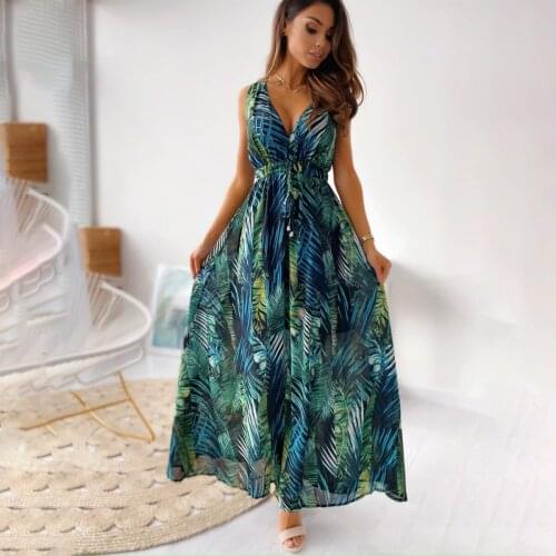 Jastie Sexy V Neck Boho Sleeveless Backless Maxi Dress 2021 Summer Vintage Print Long Beach Dresses For Women Robe Femme Vestido