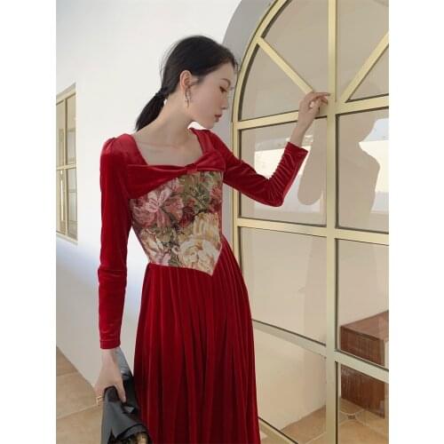 Spring Claret Velvet Women Dress Vintage Oil Painting Embroidery Bow Square Collar Wrist Sleeve Midi Dresses Vestido Festa