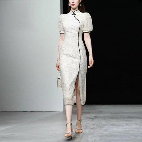 IVY HE Vintage Dresses Sweet Cheongsam Wave Point Bifurcation Contrast Piping Polka Dot Bubble Sleeve Summer Dress Traf Robe ZA