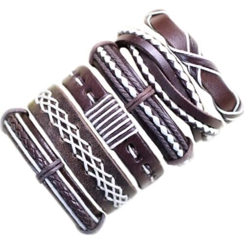 Handmade wholesale 6pcs/set ethnic tribal charm handmade brown& white leather bracelets for women&men -S54