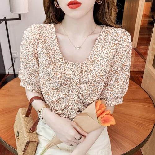 Chiffon Floral Blouses Women Temperament Soft Retro Summer Chic Ladies Shirts Fresh Popular Trendy Ulzzang Button Femme Clothing