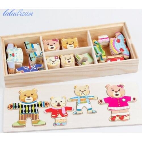 Four Bear Change Clothes Jigsaw Games Wooden Early Childhood Educational Toys Wood Puzzle for Boys and Girls