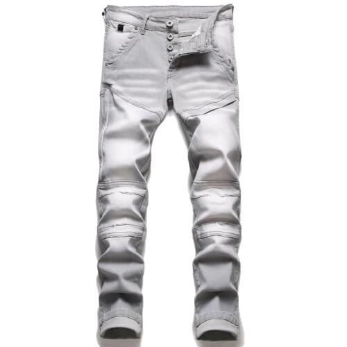 Denim Jeans Wash Hole Stitching Gray Regular Fit Feet Stretch Mens Motorcycle Jeans