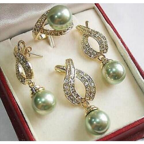 Natural 12mm Green Shell Pearl Pendant Necklace Earrings Ring Sets