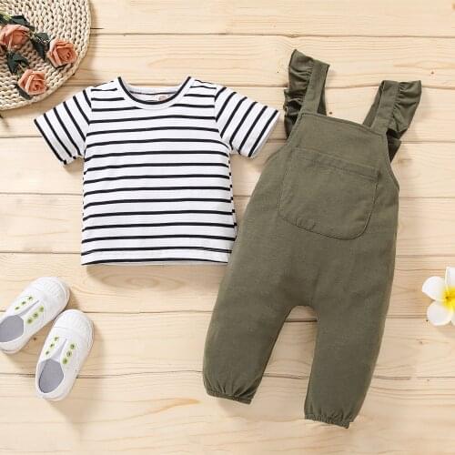 Summer 2 Pcs Infant Casual Outfits Baby Girl Striped Short Sleeve Round Neck T-shirt + Solid Color Suspender Pants with Pocket
