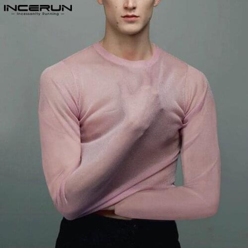 INCERUN 2021 Men Mesh T Shirt See Through Round Neck Long Sleeve Shiny Streetwear Party Nightclub Tee Tops Sexy Camisetas S-5XL