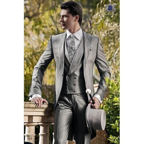 Morning Style Men Suits Light Grey Groom Tuxedos Peak Lapel Groomsmen Wedding Bridegroom ( Jacket+Pants+Vest ) D107