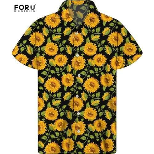 FORUDESIGNS Sunflower Floral Pattern Male Loose Beach Shirts Summer Men Hawaiian Camicias Casual Short-sleeve Clothing Mujer