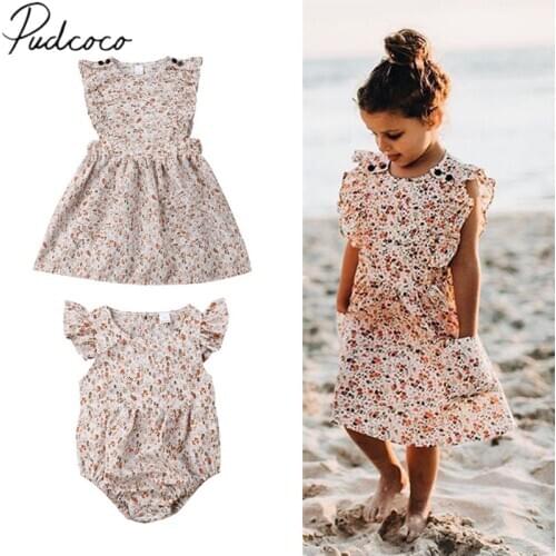 2019 Brand New Newborn Baby Girl Sister Matching Floral Clothes Ruffles Sleeve Flowers Print 2-8Y Cute Dress Or 0-24M Romper