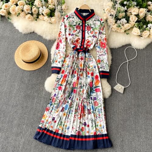 2020 New Fashion Elegant Pleated Dress Womens Autumn and Winter Printed Long Sleeve Korean Clothings Vestidos Q408