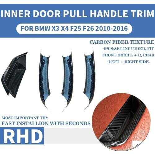 RHD Carbon Fiber Car Interior Door Pull Handle Inner Panel Trim Cover Fast Install With Seconds For BMW X3 X4 F25 F26 2010-2018