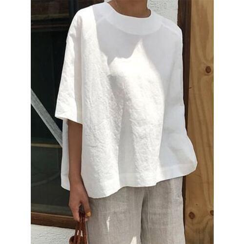 Solid Cotton Linen T-Shirt Causal O-Neck Half Sleeve Shirts Plus Size Loose Women Tee Shirt Simple Women Summer Tops 2019