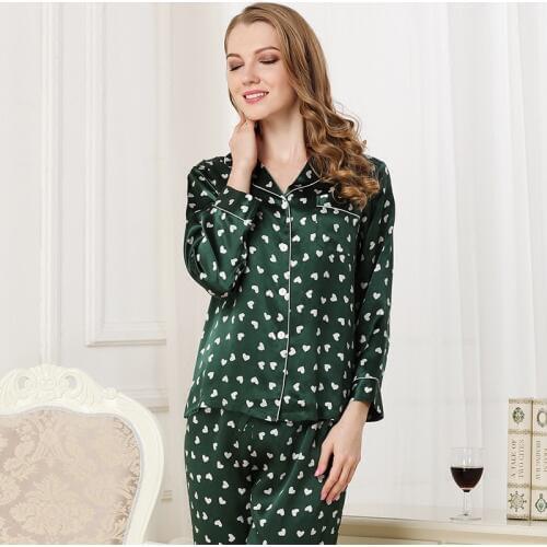 Army green love 100% silk pajamas sets women Elegant long sleeve sexy pyjamas sets women Noble Pure color ladies silk sleepwear