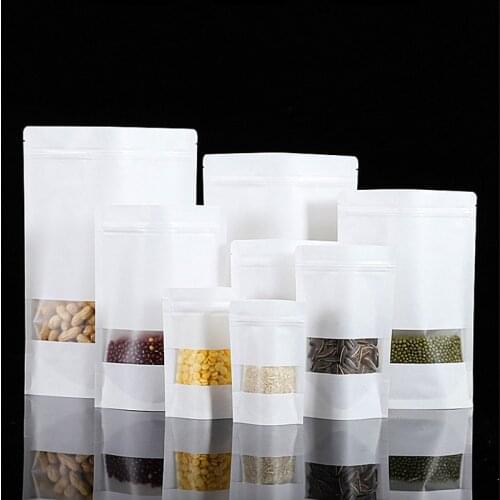 Wholesale 50pcs Stand up Matt White Paper Window Zip-lock Bags Resealable Biscuit Coffee Cereals Kitchen Storage Packaging Bags