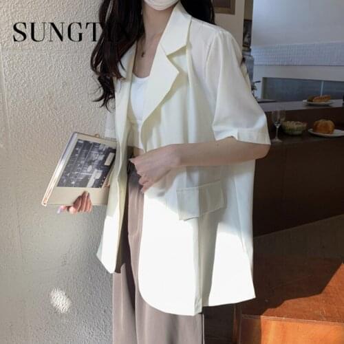 Sungtin Summer Korean Blazers Women Split Short Sleeve Oversized Blazer Female Office Lady Loose Casual Solid Blazer Jacket 2021