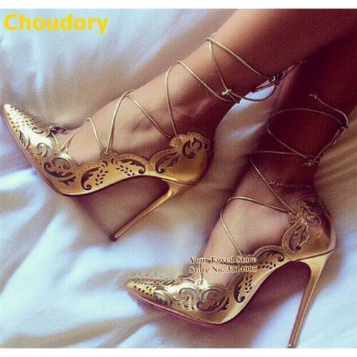Choudory Thin High Heels Floral Cut-out Dress Shoes Pointed Toe Flowers Carved Pattern Wedding Pumps Lace-up Cross Strappy Shoes