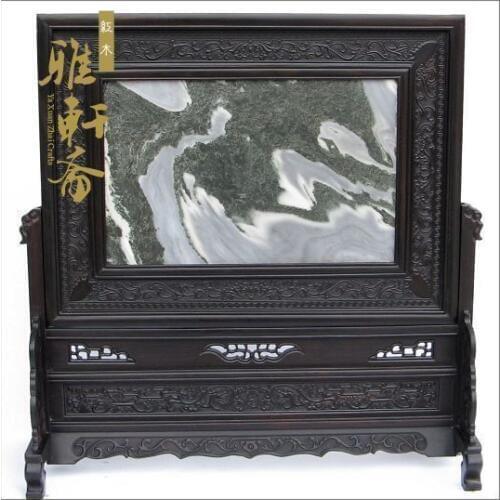 [TZ] Zhai mahogany crafts ebony inlay marble landscape plaque mahogany table screen Home Furnishing ornaments