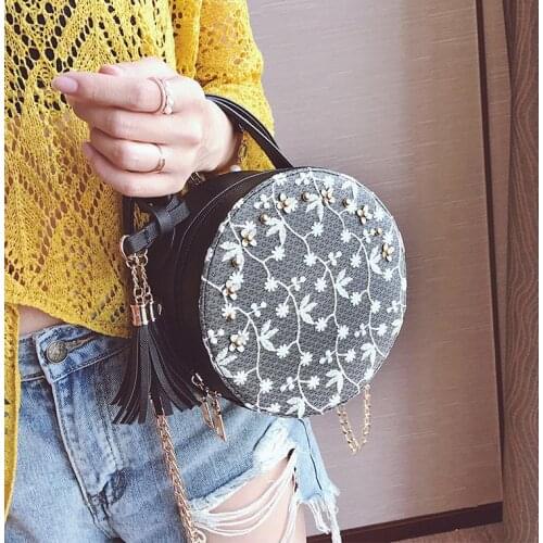 High Quality Lace Round Handbags PU Leather Women Crossbody Bag Female Fashion Small Fresh Flower Tassel Chain Shoulder Bag